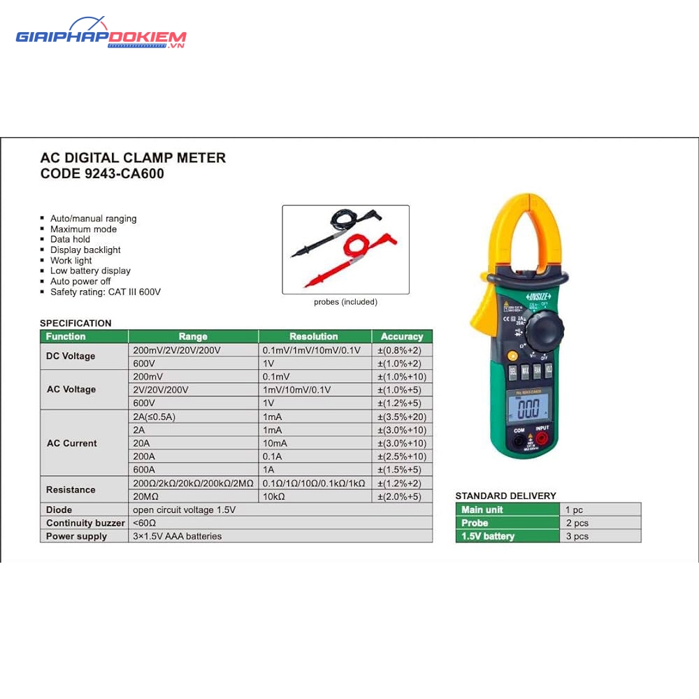 Ampe kìm AC điện tử Insize 9243-CA600 3 Ampe kìm AC điện tử Insize 9243-CA600