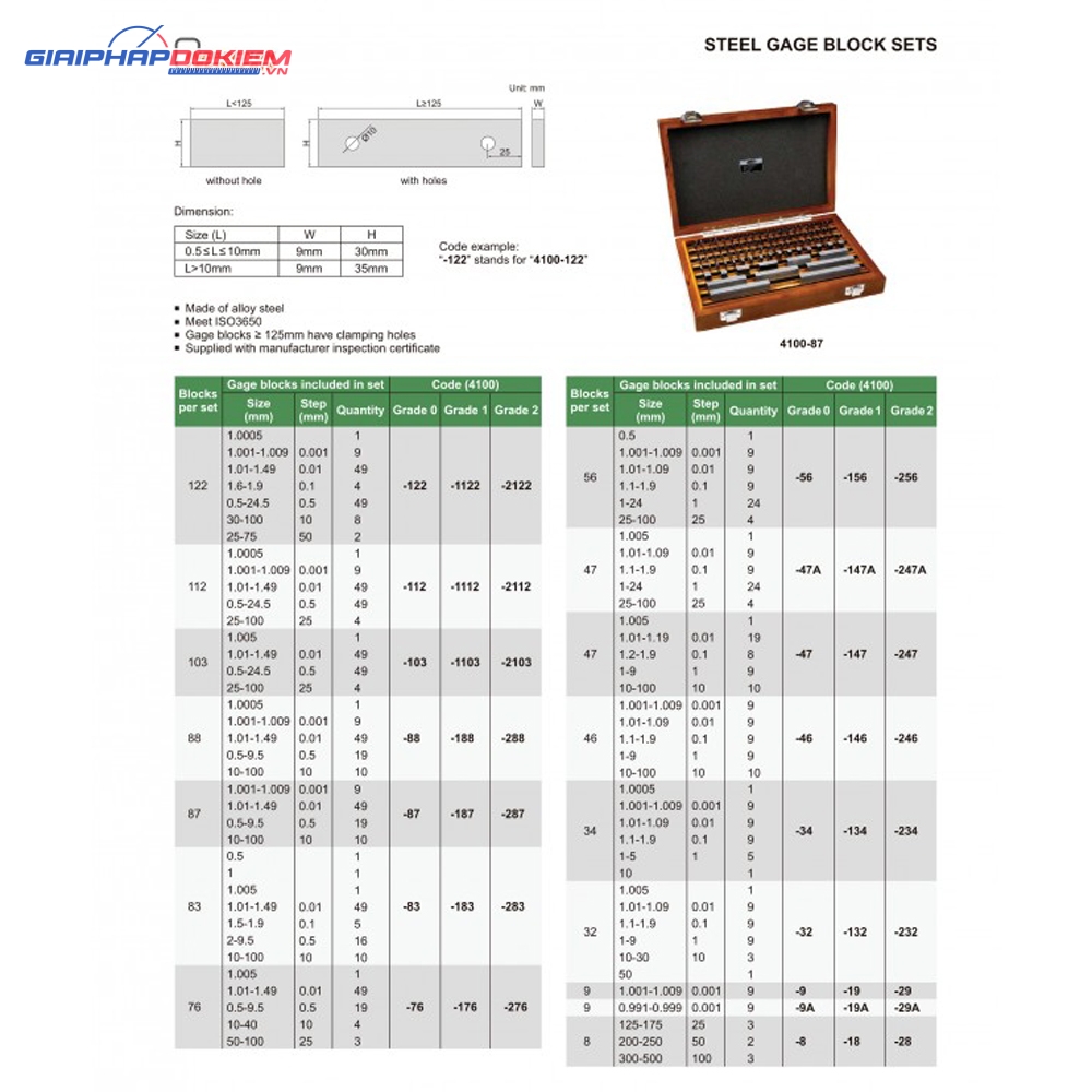 Bộ căn mẫu 47 chi tiết INSIZE 4100-247 (1.005~100mm, grade 2) 3 Bộ căn mẫu 8 chi tiết Insize 4100-28 (125~500mm, grade 2)
