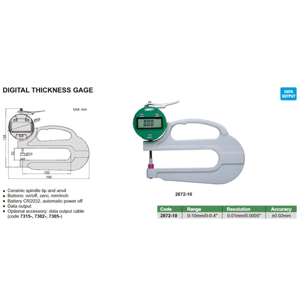 Đồng hồ đo dộ dày vật liệu điện tử INSIZE 2872-10 (0-10mm/0-0.4") 5 Đồng hồ đo dộ dày vật liệu điện tử INSIZE 2872-10