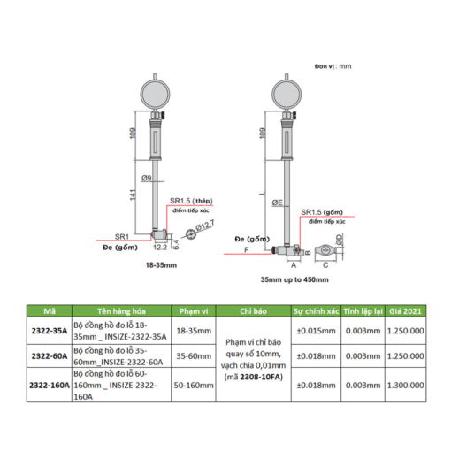 Đồng hồ đo lỗ cơ khí Insize 2322-60A