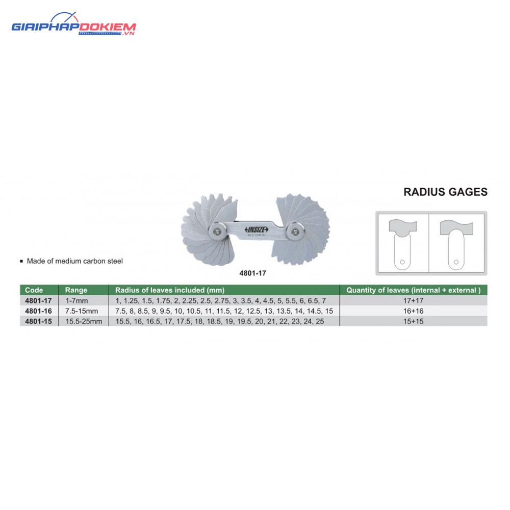 Dưỡng đo bán kính INSIZE 4801-17 3 Dưỡng đo bán kính INSIZE 4801-16