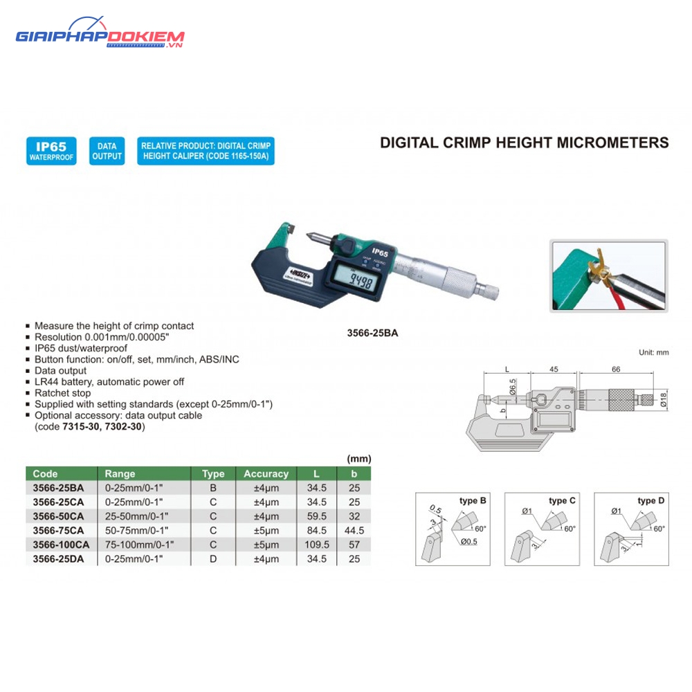 Panme đo chiều cao mép gấp điện tử INSIZE 3566-25BA (0-25mm/0-1") 3 Panme đo chiều cao mép gấp điện tử INSIZE 3566-25BA (0-25mm/0-1")