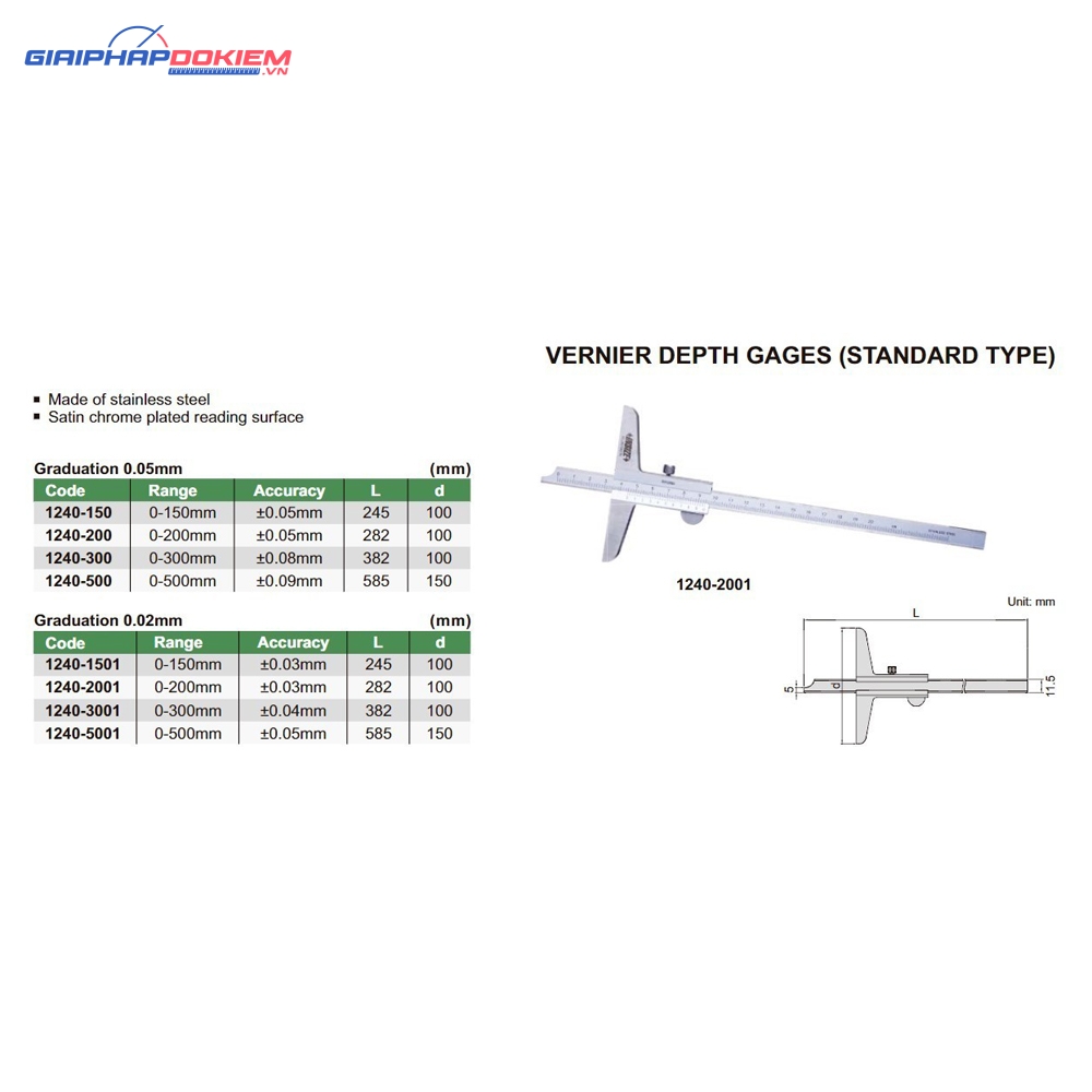 Thước đo sâu cơ khí INSIZE 1240-3001 (0-300mm/0.02mm) 5 Thước đo chiều sâu INSIZE 1240-1501