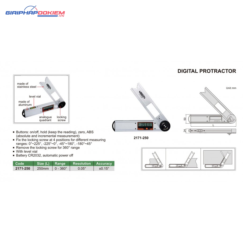Thước đo góc điện tử Insize 2171-250 3 Thước đo góc điện tử Insize 2171-250 - Ảnh 2