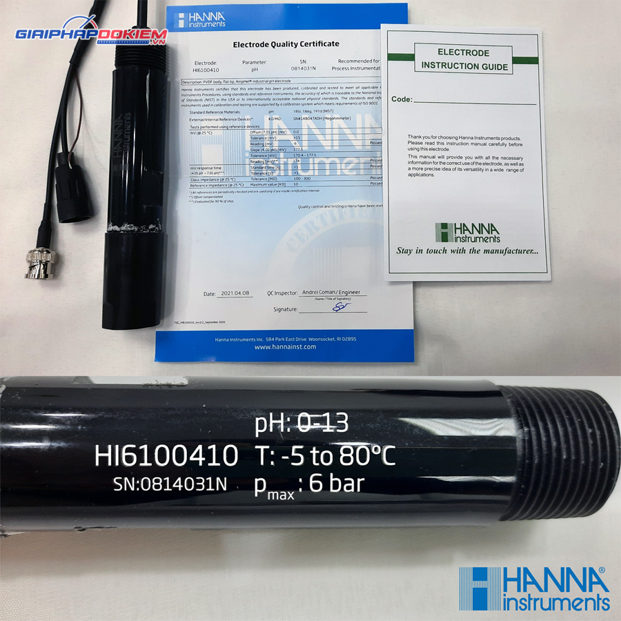 Điện Cực pH Phẳng Đo Online Hanna HI6100410 2 Điện Cực pH Phẳng Đo Online Hanna HI6100410