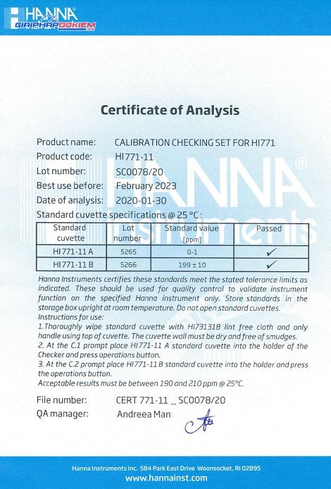 Bộ CalCheck Chuẩn Clo Thang Cao Để Kiểm Tra Máy HI771 Hanna HI771-11 2 Bộ CalCheck Chuẩn Clo Thang Cao Để Kiểm Tra Máy HI771 Hanna HI771-11 - Ảnh 2