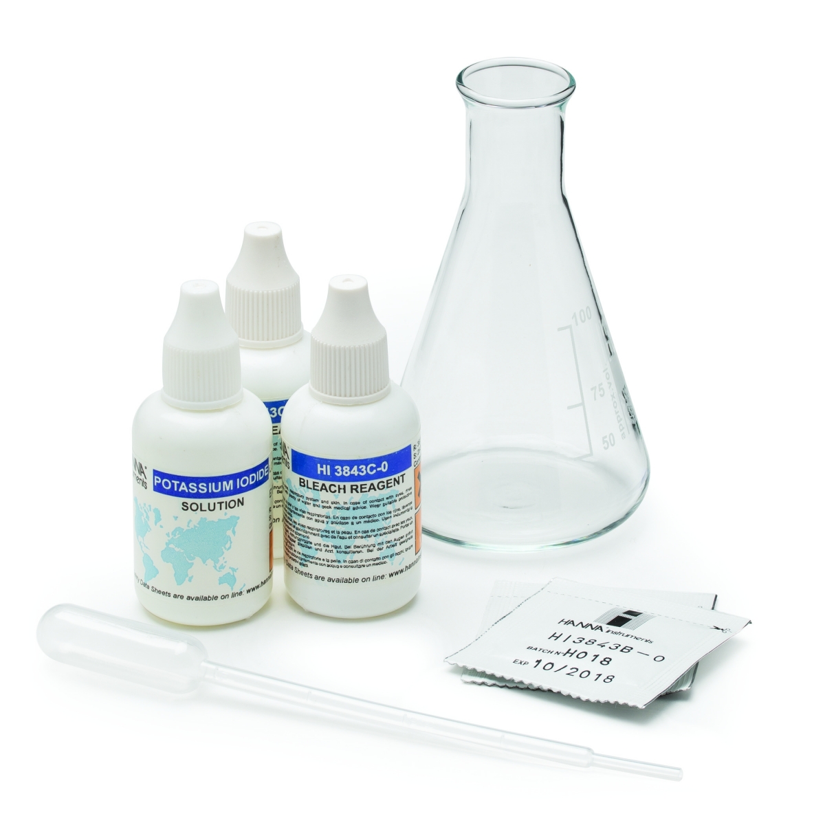 Bộ Dụng Cụ Đo Hypoclorit (50-150g/L) Kèm Thuốc Thử 100 Lần Đo Hanna HI3843 Bộ Dụng Cụ Đo Hypoclorit (50-150g/L) Kèm Thuốc Thử 100 Lần Đo Hanna HI3843