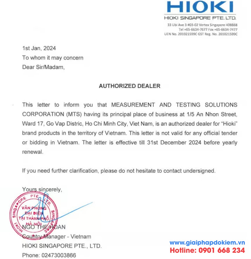 Chứng nhận đại lý Hioki chính hãng tại Việt Nam - MTS