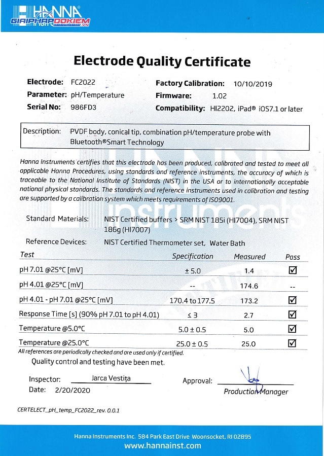 Điện Cực HALO® Bluetooth Đo pH Thực Phẩm Hanna FC2022 1 Điện Cực HALO® Bluetooth Đo pH Thực Phẩm Hanna FC2022
