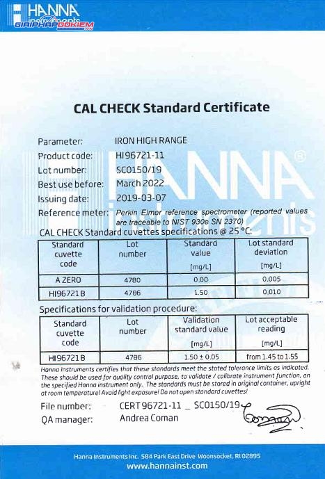 Dung Dịch CAL Check™ Chuẩn Sắt Thang Cao Dùng Cho Máy HI96721 Hanna HI96721-11 2 Dung Dịch CAL Check™ Chuẩn Sắt Thang Cao Dùng Cho Máy HI96721 Hanna HI96721-11 - Ảnh 2