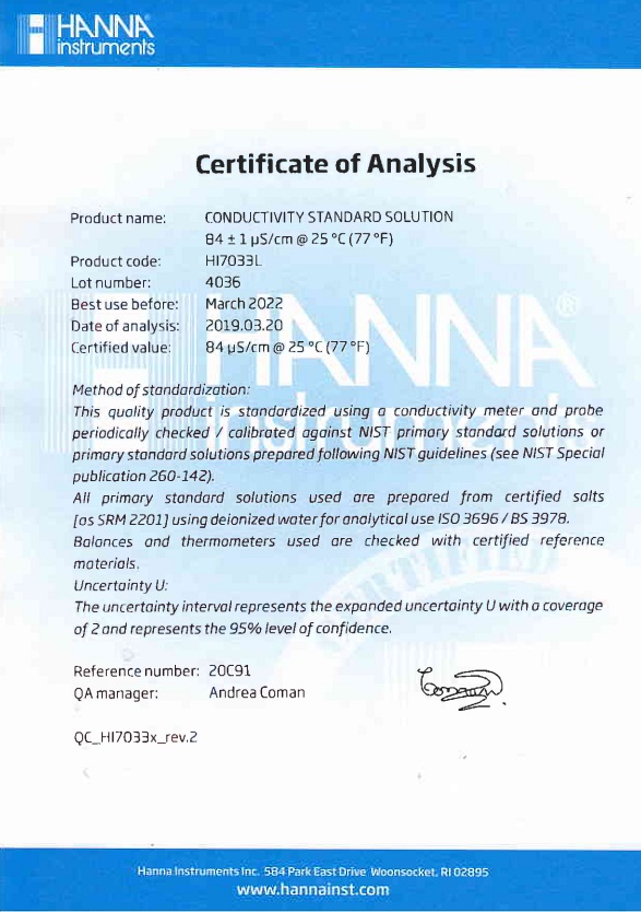 Dung Dịch Hiệu Chuẩn Độ Dẫn 84 µS/cm (500mL) Hanna HI7033L 2 Dung Dịch Hiệu Chuẩn Độ Dẫn 84 µS/cm (500mL) Hanna HI7033L - Ảnh 2