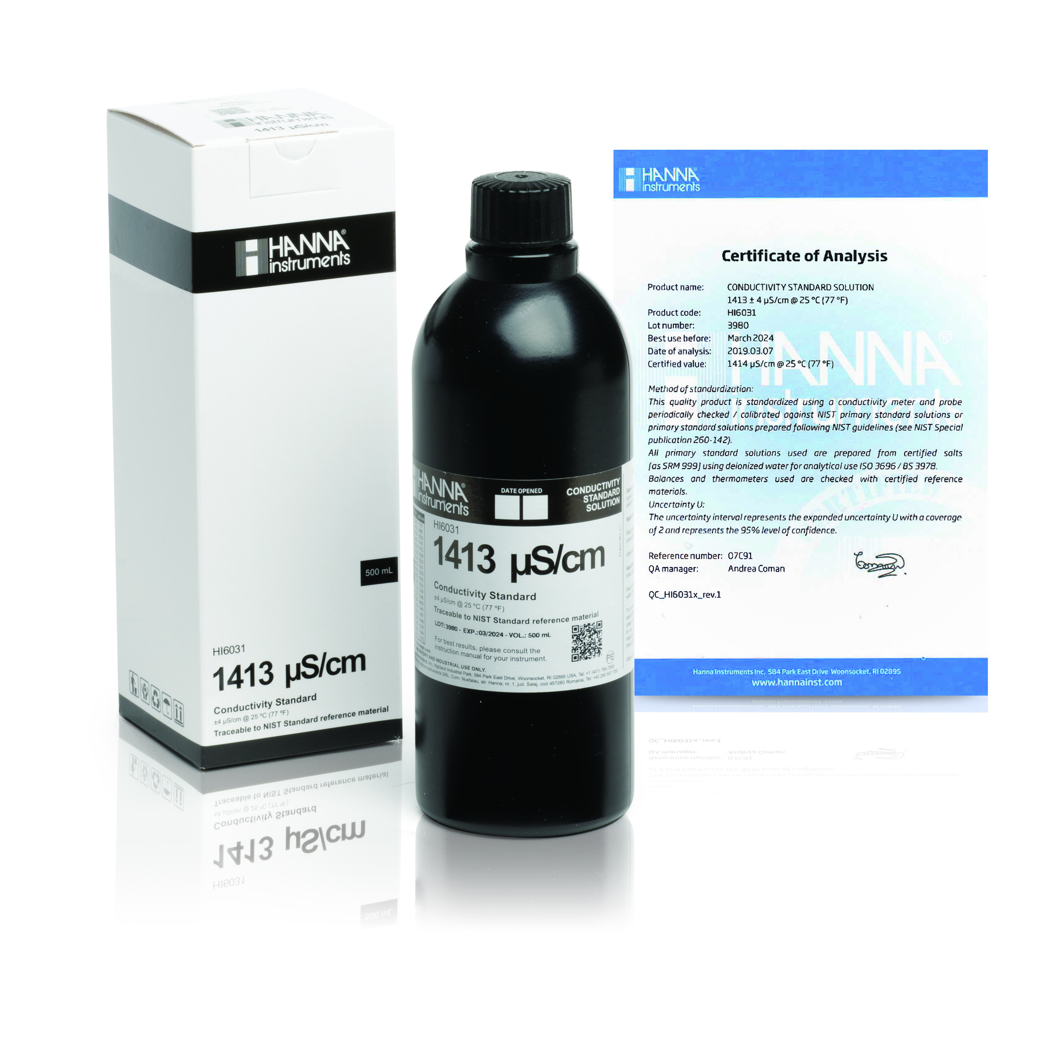 Dung Dịch Hiệu Chuẩn Độ Dẫn (EC) 1413 µS/cm, Chai Chắn Sáng 500mL Hanna HI6031 1 Dung Dịch Hiệu Chuẩn Độ Dẫn (EC) 1413 µS/cm, Chai Chắn Sáng 500mL Hanna HI6031
