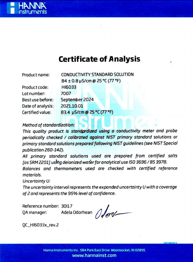 Dung Dịch Hiệu Chuẩn Độ Dẫn (EC) 84 µS/cm, Chai Chắn Sáng 500mL Hanna HI6033 2 Dung Dịch Hiệu Chuẩn Độ Dẫn (EC) 84 µS/cm, Chai Chắn Sáng 500mL Hanna HI6033 - Ảnh 2