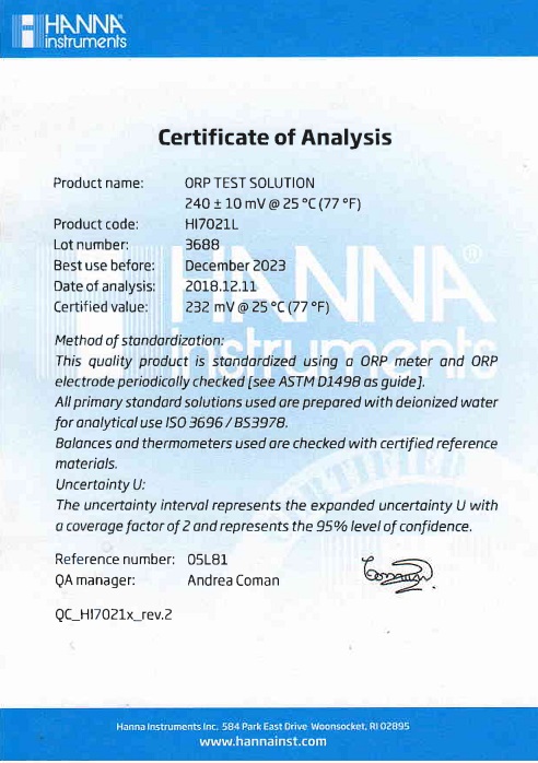 Dung Dịch Hiệu Chuẩn ORP 240 mV, 500 mL Hanna HI7021L 2 Dung Dịch Hiệu Chuẩn ORP 240 mV, 500 mL Hanna HI7021L - Ảnh 2