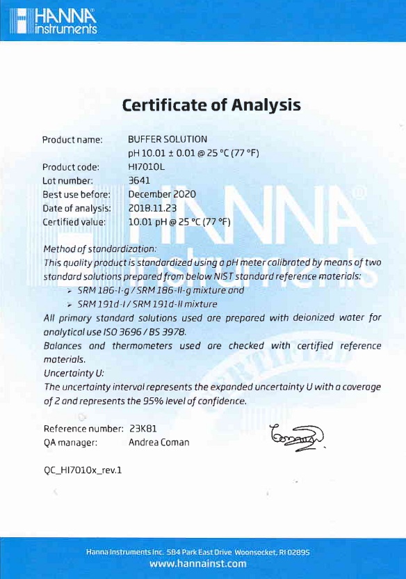 Dung Dịch Hiệu Chuẩn pH 10.01, Chai 500mL Hanna HI7010L 2 Dung Dịch Hiệu Chuẩn pH 10.01, Chai 500mL Hanna HI7010L - Ảnh 2