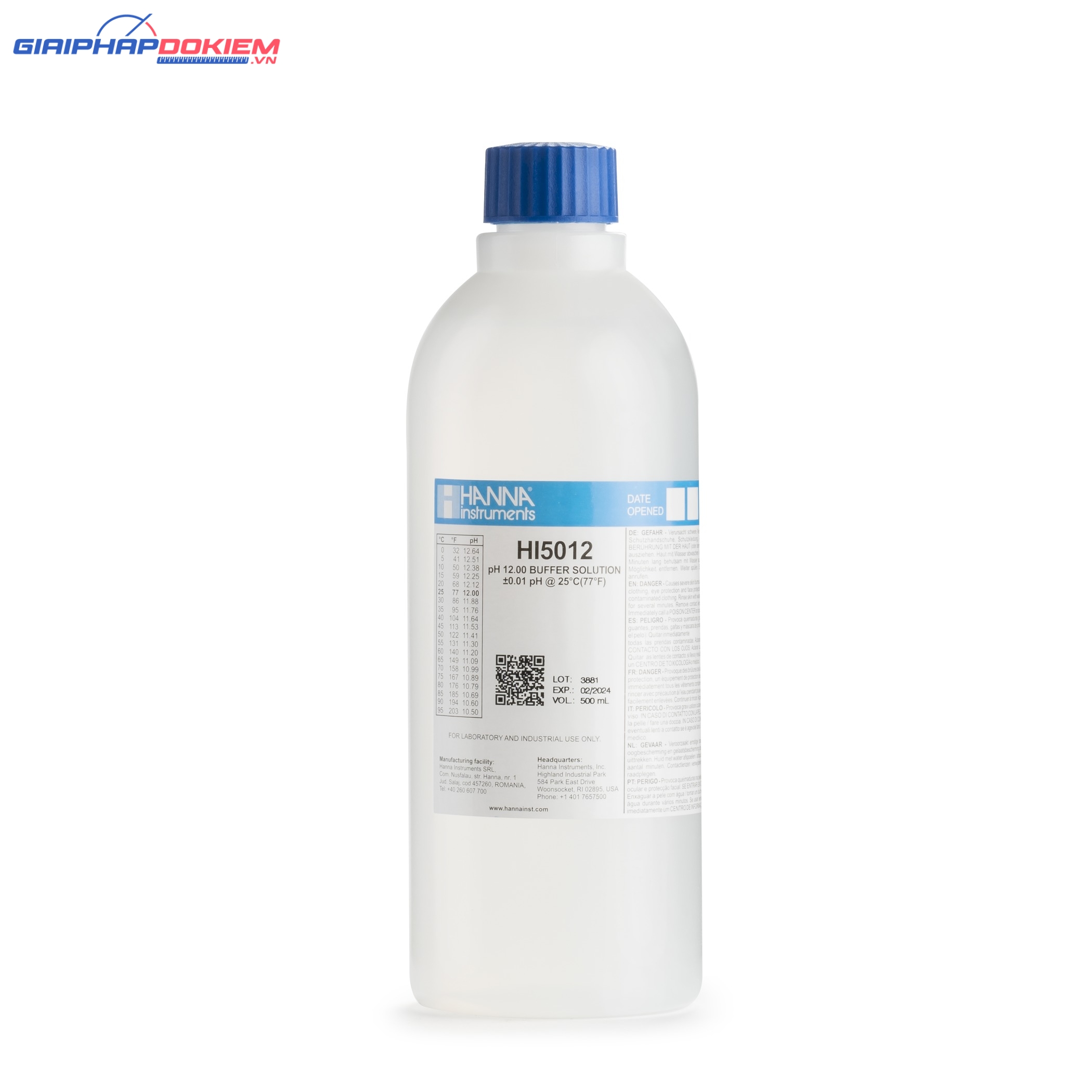 Dung Dịch Hiệu Chuẩn pH 12.00, 500 mL Hanna HI5012 1 Dung Dịch Hiệu Chuẩn pH 12.00, 500 mL Hanna HI5012