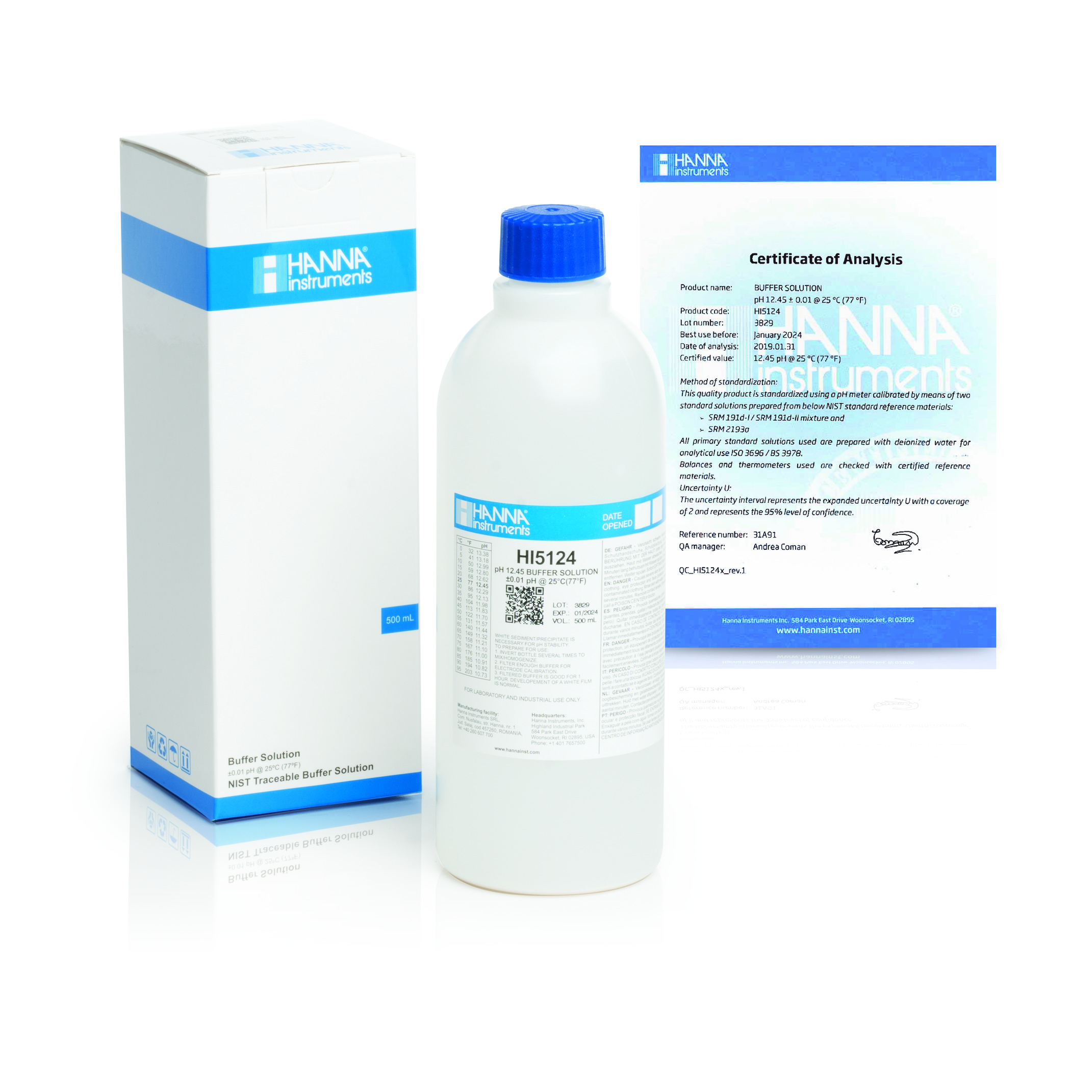Dung Dịch Hiệu Chuẩn pH 12.45, Chai 500 mL Hanna HI5124 1 Dung Dịch Hiệu Chuẩn pH 12.45, Chai 500 mL Hanna HI5124