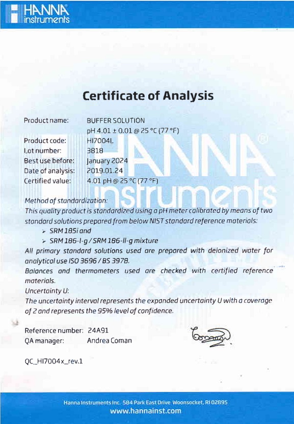 Dung Dịch Hiệu Chuẩn pH 4.01, Chai 500mL Hanna HI7004L 2 Dung Dịch Hiệu Chuẩn pH 4.01, Chai 500mL Hanna HI7004L - Ảnh 2