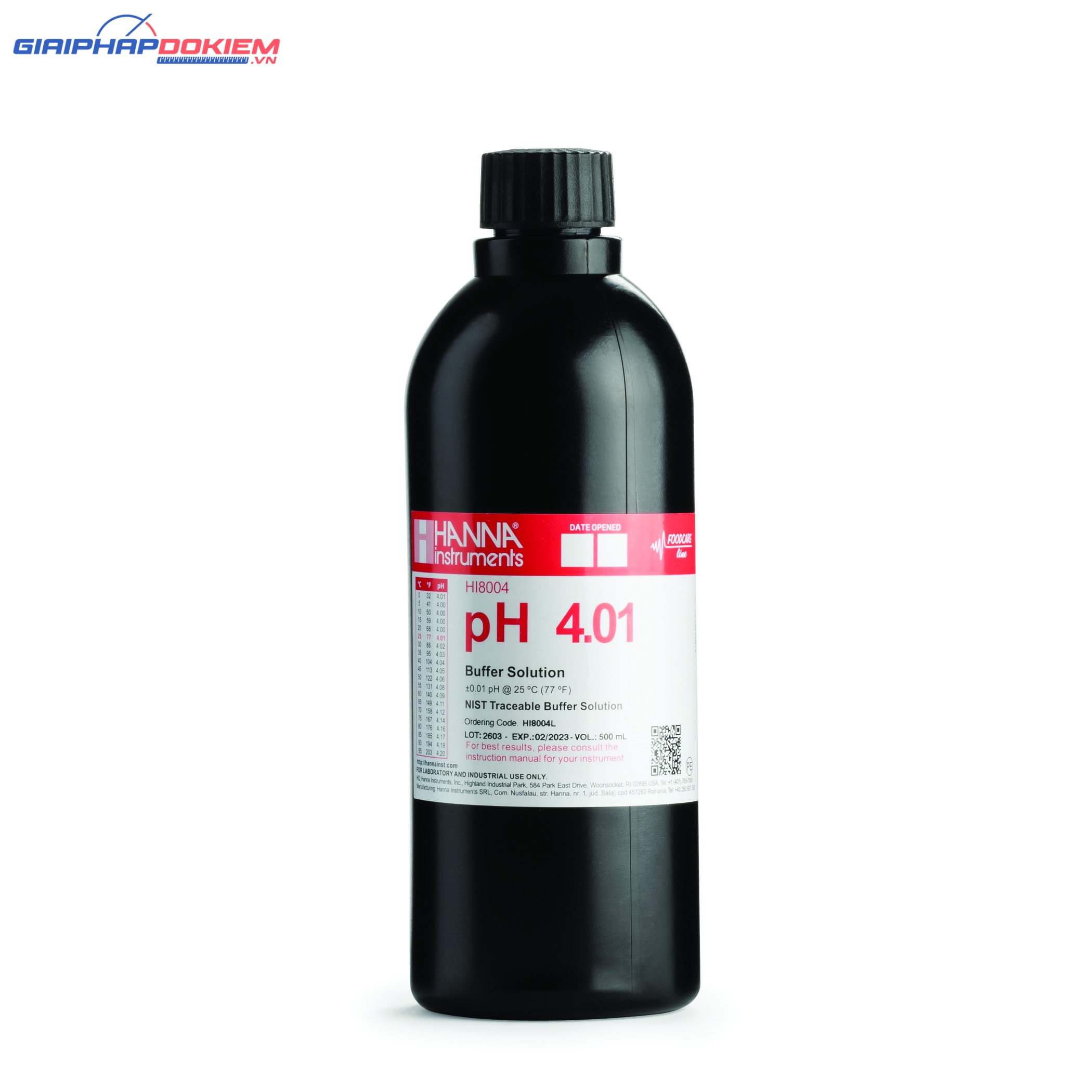Dung Dịch Hiệu Chuẩn pH 4.01, Chai FDA 500 mL Hanna HI8004L 1 Dung Dịch Hiệu Chuẩn pH 4.01, Chai FDA 500 mL Hanna HI8004L