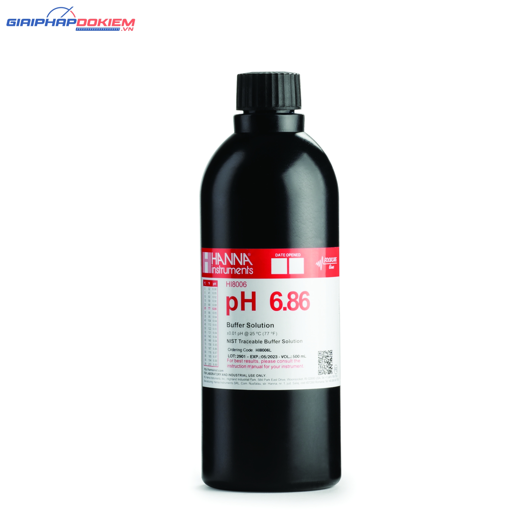 Dung Dịch Hiệu Chuẩn pH 6.86, Chai FDA 500 mL Hanna HI8006L 1 Dung Dịch Hiệu Chuẩn pH 6.86, Chai FDA 500 mL Hanna HI8006L
