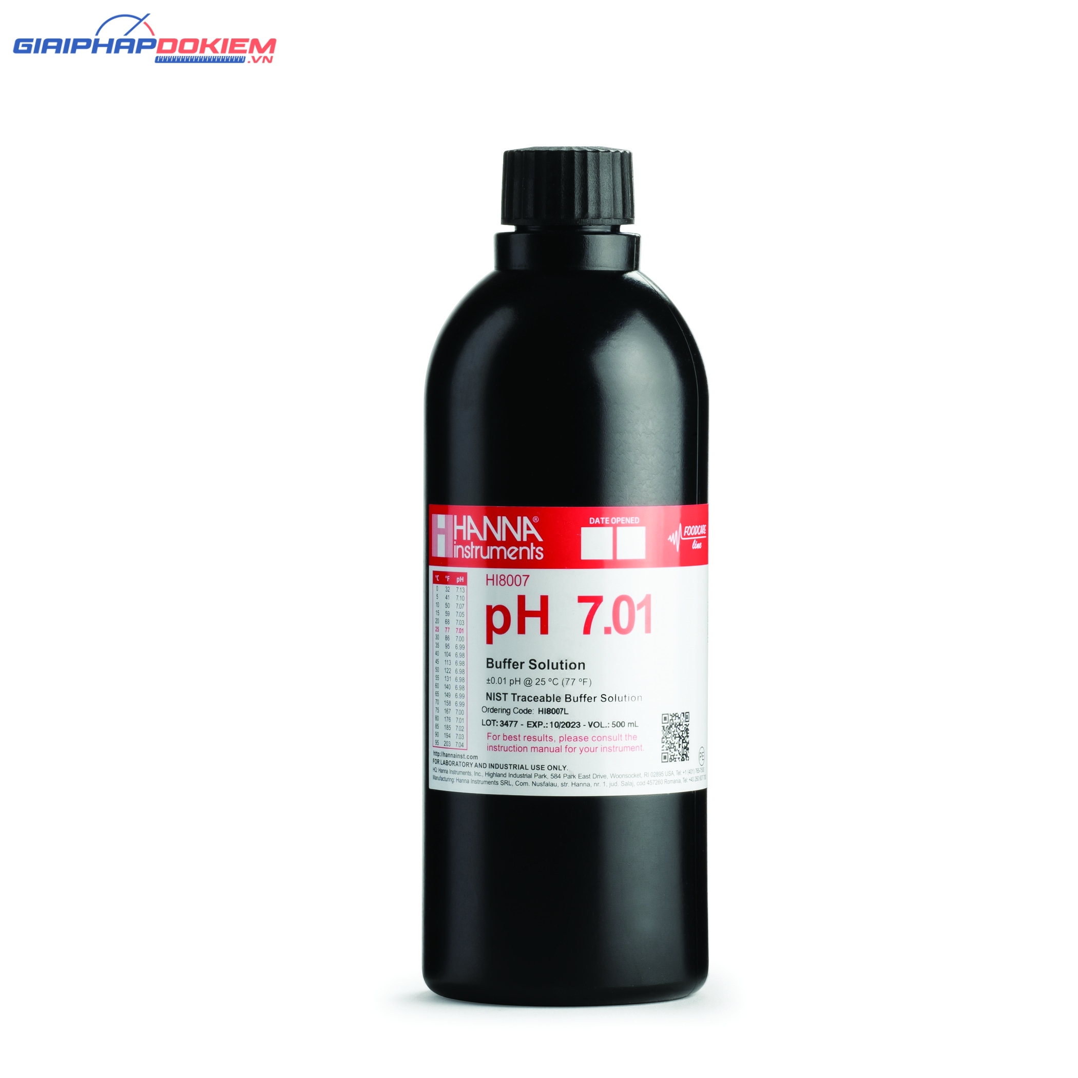 Dung Dịch Hiệu Chuẩn pH 7.01, Chai FDA 500 mL Hanna HI8007L 1 Dung Dịch Hiệu Chuẩn pH 7.01, Chai FDA 500 mL Hanna HI8007L