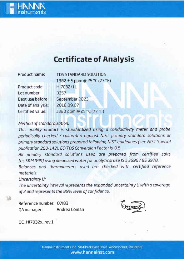 Dung Dịch Hiệu Chuẩn TDS 1382 mg/L (ppm), Chai 1 Lít Hanna HI7032/1L 2 Dung Dịch Hiệu Chuẩn TDS 1382 mg/L (ppm), Chai 1 Lít Hanna HI7032/1L - Ảnh 2