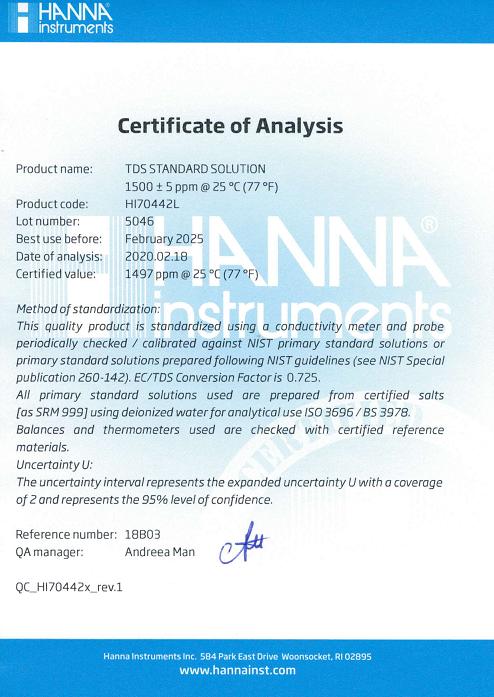 Dung Dịch Hiệu Chuẩn TDS 1500 mg/L (ppm), Chai 500mL Hanna HI70442L 2 Dung Dịch Hiệu Chuẩn TDS 1500 mg/L (ppm), Chai 500mL Hanna HI70442L - Ảnh 2