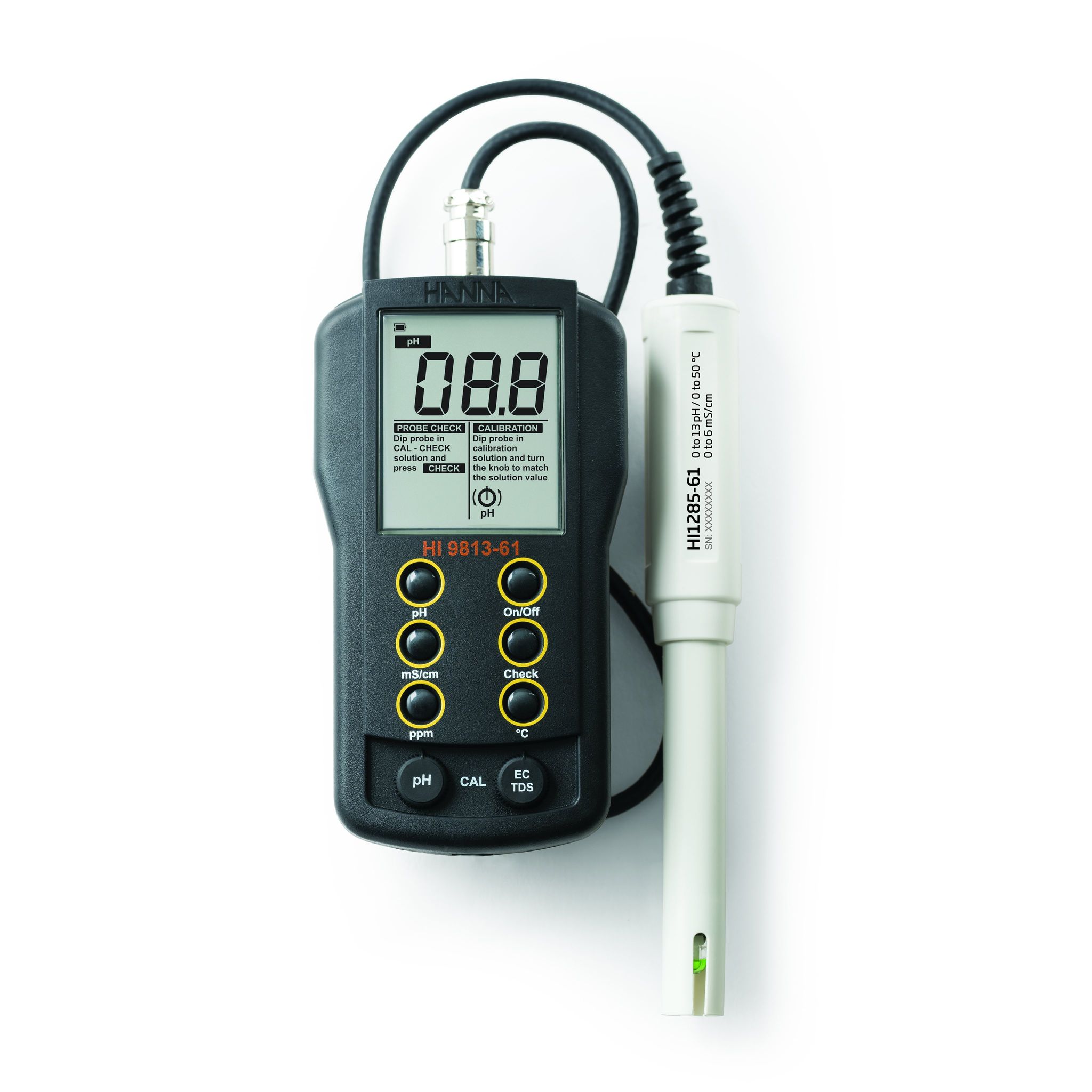 Máy đo pH/EC/TDS/Nhiệt độ Thang Cao CAL Check Hanna HI9813-61 1 Máy đo pH/EC/TDS/Nhiệt độ Thang Cao CAL Check Hanna HI9813-61