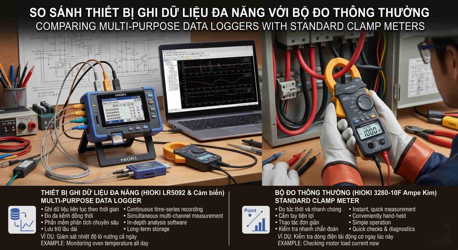So sánh thiết bị ghi dữ liệu đa năng với thiết bị đo điện thông thường